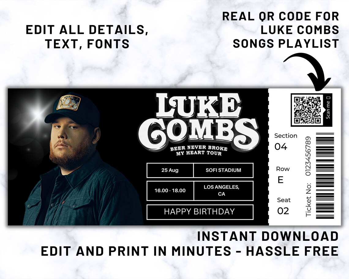 Luke Combs World Tour Ticket Luke Combs Ticket Canva Fully Etsy
