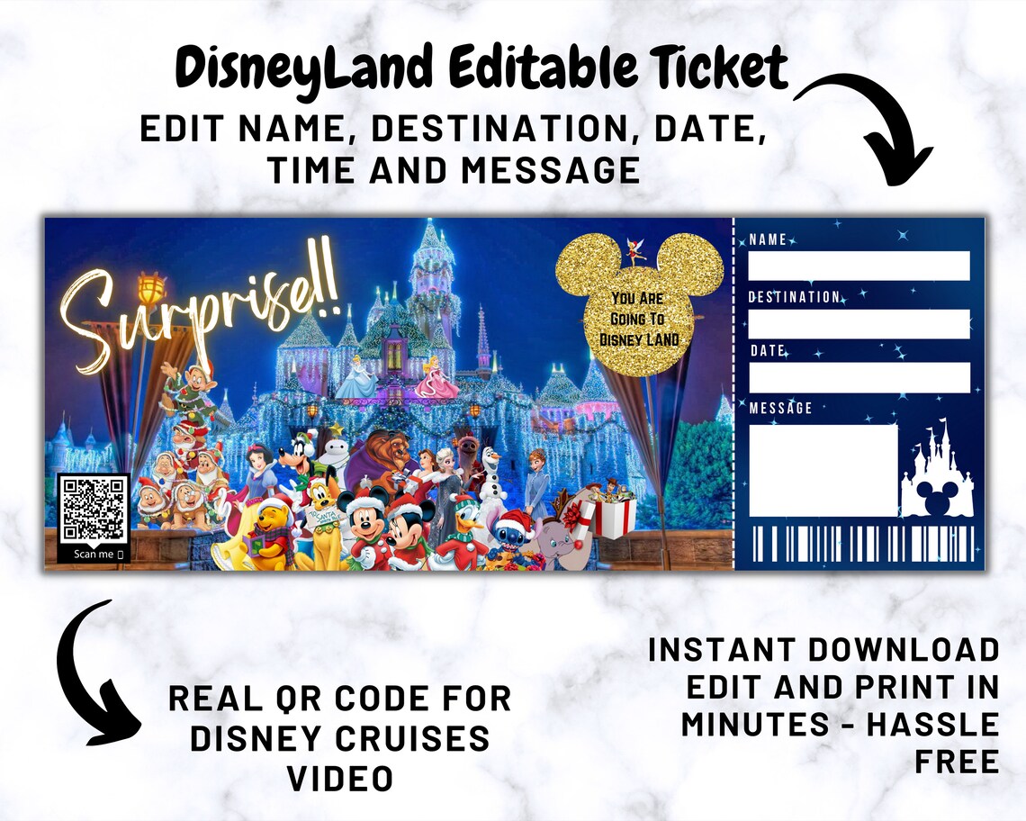 Surprise Disneyland Ticket Disneyworld Ticket Editable - Etsy