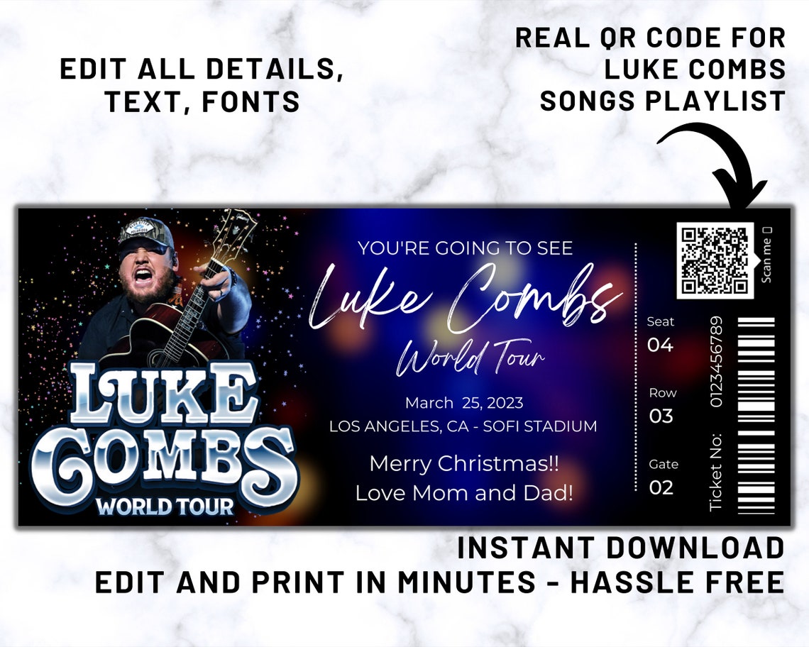 Luke Combs World Tour Ticket Luke Combs Ticket Canva Fully Etsy