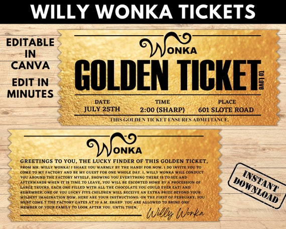 Editable Willy Wonka Golden Ticket Willy Wonka Ticket Willy - Etsy