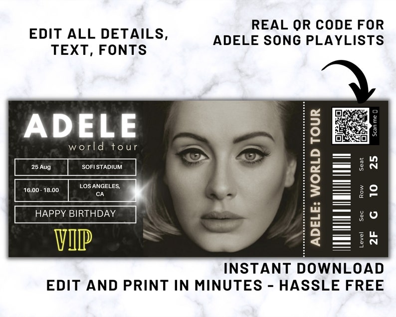 FULLY EDITABLE Adele Ticket Adele 2023 Concert Ticket Custom Etsy