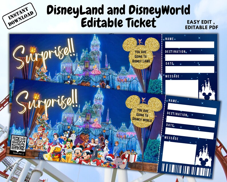 Surprise Disneyland Ticket Disneyworld Ticket Editable Etsy