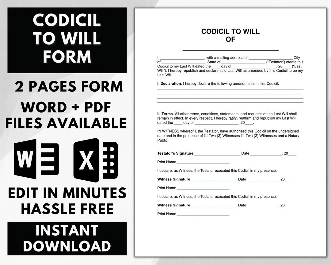 Will Codicil Will Codicil Form Will Codicil Templates Last Etsy