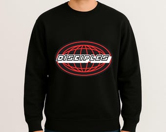 Disciples Crewneck Sweatshirt | Christian Streetwear Globe Graphic | Bold Red & Black Faith-Based Pullover | The Disciples Apparel™