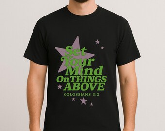 Colossians 3:2 Bible Verse T-Shirt - Set Your Mind on Things Above Christian Tee | Purple Star Faith Shirt | Retro Scripture Design