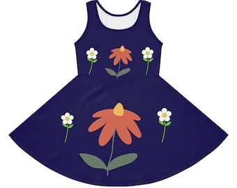 Orange Daisy Floral Girls' Sundress | Sleeveless Twirl Dress