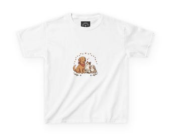 Puppy and Kitten Illustration Kids Tee | Paw Print Back Design