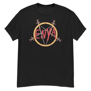 May include: Black t-shirt with a red "Enya" logo inside a yellow pentagram with five swords.