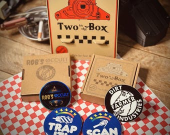 TWO in the BOX (Limited Edition Collab with Rob&#39;s Occult): Trap It & Scan It Button Set with Engraved Display Box