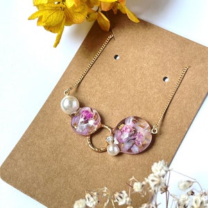 Pressed Flower Necklace | Handmade Dried Flower Purple Pearl Jeweled Pendant | Gifts for Her