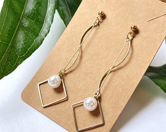 Gold Pearl Drop Dangle Dainty Earrings | Handmade Square Gold Earrings