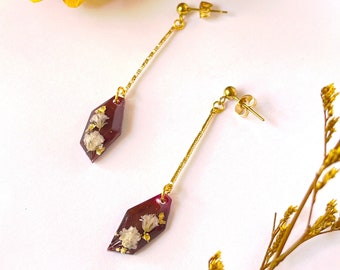 Burgundy Dangle Floral Earrings | Dainty Dried Flower Earrings | Red Dangle Drop Handmade Earrings