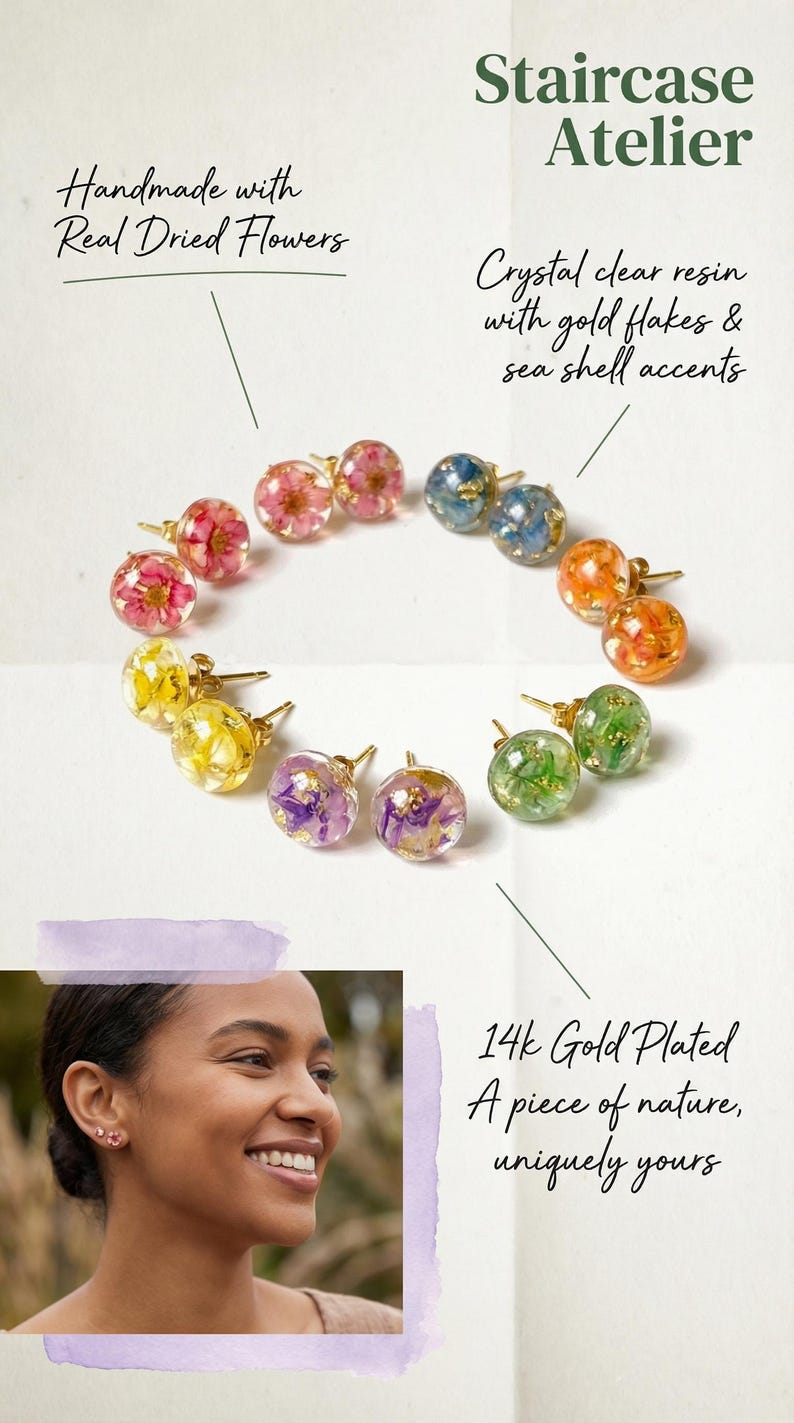 May include: Handmade stud earrings with real dried flowers set in clear resin, with gold flakes and sea shell details. The earrings are on 14k gold-plated posts. The text reads "Staircase Atelier".