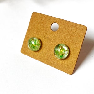 May include: A pair of round stud earrings with a clear, resin-like appearance. The earrings are filled with green and gold-coloured botanical elements. They are displayed on a brown cardboard tag with a hole at the top.