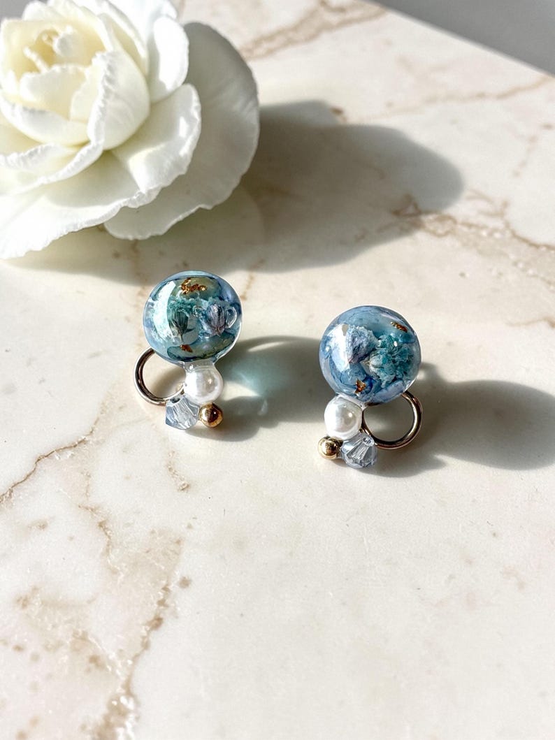 14K Gold Plated Botanical Jewelry Handmade Blue Dried Flower Resin Earrings