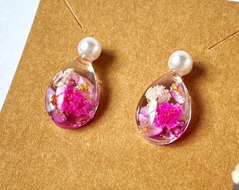 Dried Flower Pearl Stud Earrings | Pressed Flowers | Handmade Teardrop Resin Earrings | Gifts for Her