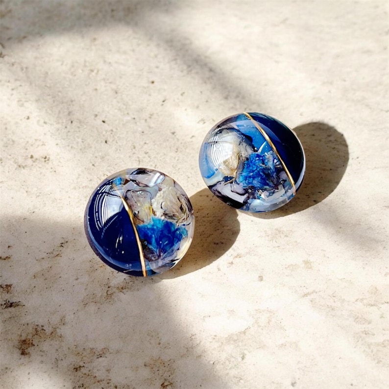 Blue Floral Resin Earrings: Handmade Dried Flower Studs