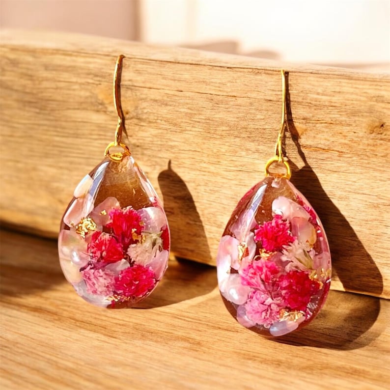 Real Flower Teardrop Resin Earrings – Botanical Dangle Jewelry – 14k Gold Plated Hooks