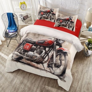 Vintage Harley Bike Bed Sheet Set/Quilt Cover Set/Bedroom Décor/Bedding Set/4 Pieces Set/Duvet Cover Set/Home Décor/Bed Spreads/Bed 5053-15