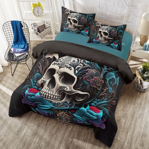 Graphic Skull Bedding Sheet Set/Quilt Cover Set/Bedroom Décor/Bedding Set/4 Pieces Set/Duvet Cover Set/Home Décor/Bed Spreads/Bed 5053-18