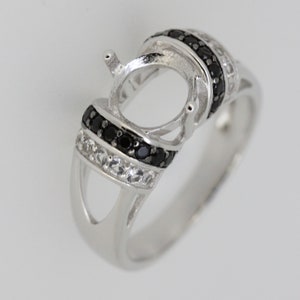 Sterling Silver Semi Mount Ring Setting Round RD 8x8mm Black Spinel & White Topaz Accent