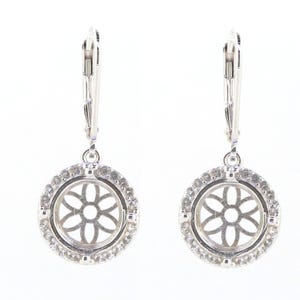 Sterling Silver Semi Mount Earrings Setting Round RD 10x10mm Dangle Leverback Halo w/ Topaz