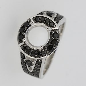 Sterling Silver Semi Mount Ring Setting Round RD 8x8mm Split Shank Halo Black Spinel Accent