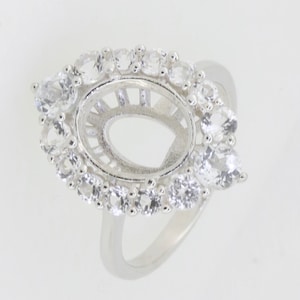 Sterling Silver Semi Mount Ring Setting Oval OV 9x7mm Halo W/ D Color Moissanite Accent