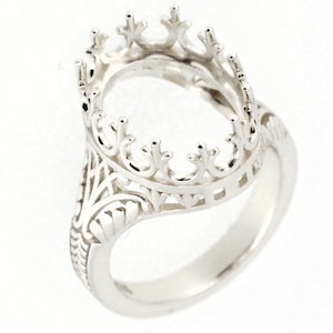 Sterling Silver Semi Mount Ring Setting Oval OV 12x10mm Cabochon Art Deco Style
