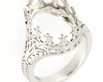 Sterling Silver Semi Mount Ring Setting Oval OV 12x10mm Cabochon Art Deco Style