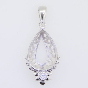 Sterling Silver Semi Mount Pendant Setting Pear PE 18x13mm W/ White Topaz