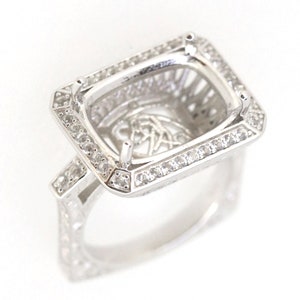 Sterling Silver Semi Mount Ring Setting Cushion CU 16x12mm Old Euro Shank W/ White Topaz Accent