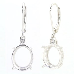 Sterling Silver Semi Mount Earrings Setting Oval OV 12x10mm Dangle W/ White Topaz