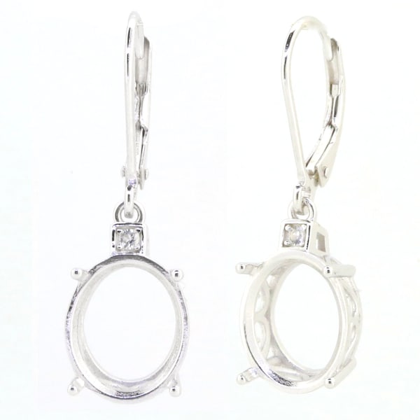 Sterling Silver Semi Mount Earrings Setting Oval OV 12x10mm Dangle W/ White Topaz