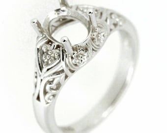 Sterling Silver Semi Mount Ring Setting Oval OV 14x10mm & 5x5mm Art Deco Style