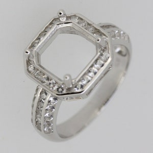 Sterling Silver Semi Mount Ring Setting Square Emerald OCT 10x10mm Accent Shank W/ White Topaz