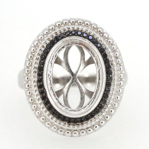 Sterling Silver Semi Mount Ring Setting Oval OV 14x10mm Cabochon Design Halo Milgrain Black spinel