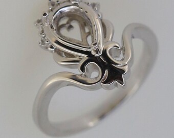 Sterling Silver Semi Mount Ring Setting Pear PE 8.5x5.2x4.3mm Tiara Ring w/ White Topaz Accent