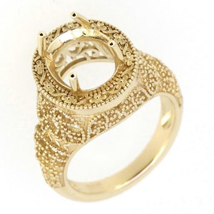 Sterling Silver Semi Mount Ring Setting Oval OV 12x10mm Filigree Milgrain