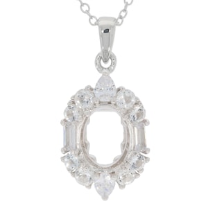 Sterling Silver Semi Mount Pendant Setting Oval OV 9x7mm Baguette Halo