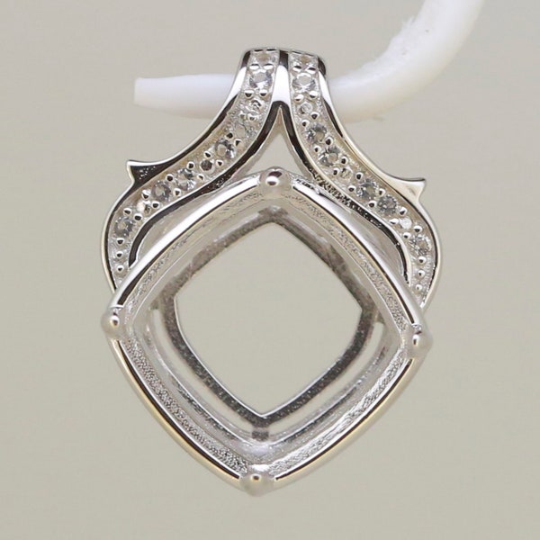 Sterling Silver Semi Mount Pendant Setting Cushion CU 12x12mm W/ White Topaz