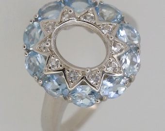 Sterling Silver Semi Mount Ring Setting Oval OV 9x7mm With Natural Aquamarine Halo