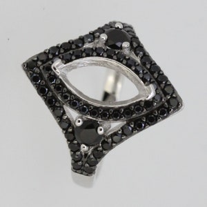 Sterling Silver Semi Mount Ring Setting Marquise MQ 12X6mm RD3.5mm w/ Black Spinel Accent