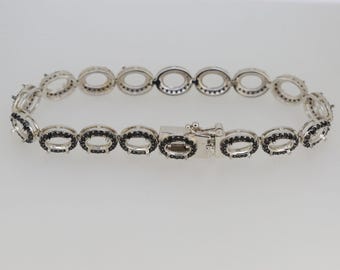 Sterling Silver Semi Mount Tennis Bracelet Setting Oval OV 7x5mm Halo w/ Black Spinel