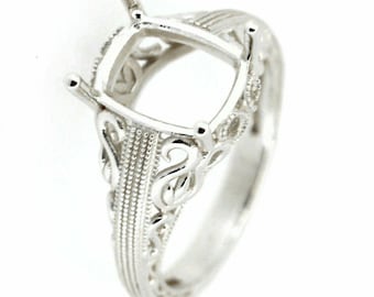 Sterling Silver Semi Mount Ring Setting Cushion CU 8.10x7.82x4.81 Art Deco Style