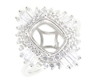 Sterling Silver Semi Mount Ring Setting Emerald OCT 9.4x7.9x6 Halo W/ White Topaz Accent