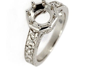 Sterling Silver Semi Mount Ring Setting Round RD 7.75mm Art Deco Style for Pearl