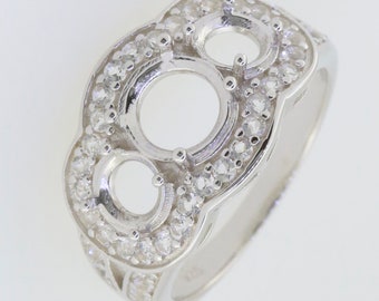 Sterling Silver Semi Mount Ring Setting Round RD 7x7mm RD 5x5mm Halo W/ D Color Moissanite Accent 3 Stones Ring