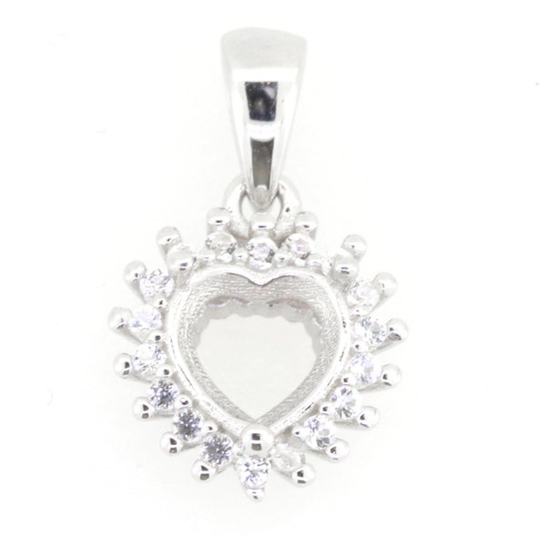 Sterling Silver Semi Mount Pendant Setting Heart & Love HT 6x6mm Halo W/ White Topaz