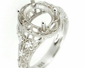 Sterling Silver Semi Mount Ring Setting Oval OV 5x7x3.1mm Art Nouveau Style